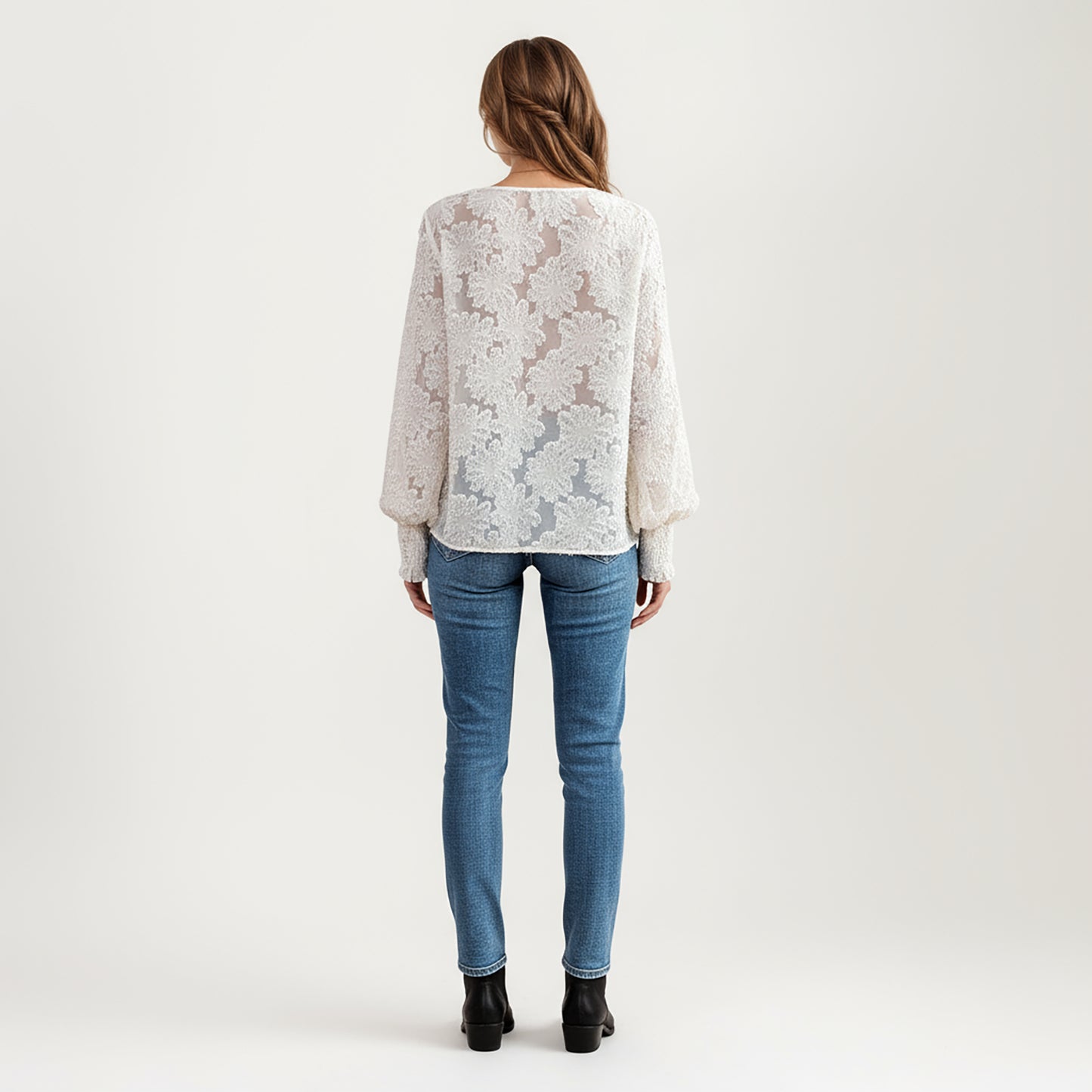 V-Neck Long Sleeve Lace Top with Smocked Cuffs and Textured Floral Pattern