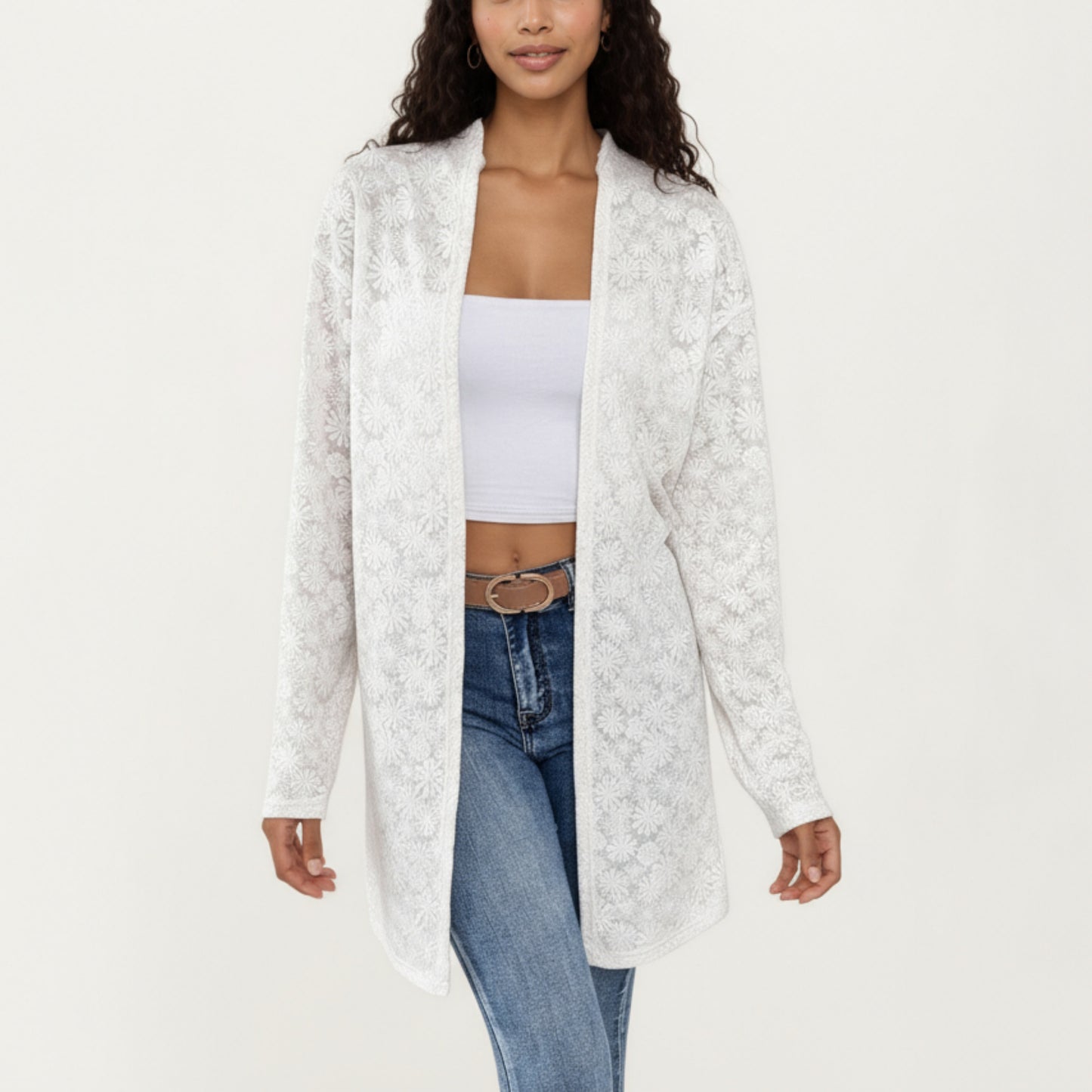 Long Sleeve Open Front Cardigan with Textured Floral Lace Detailing