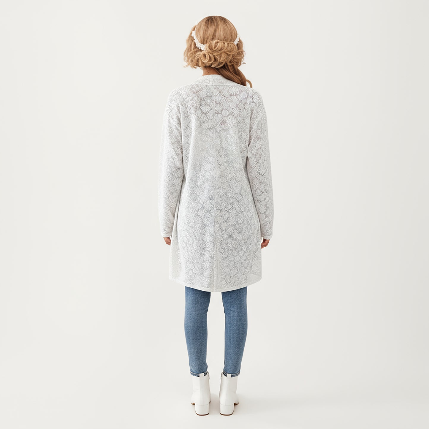 Long Sleeve Open Front Cardigan with Textured Floral Lace Detailing