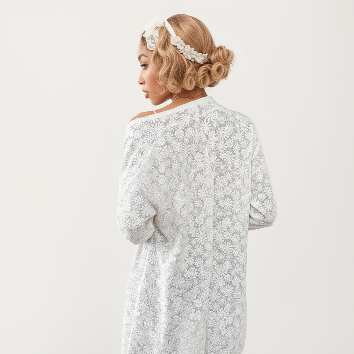 Long Sleeve Open Front Cardigan with Textured Floral Lace Detailing