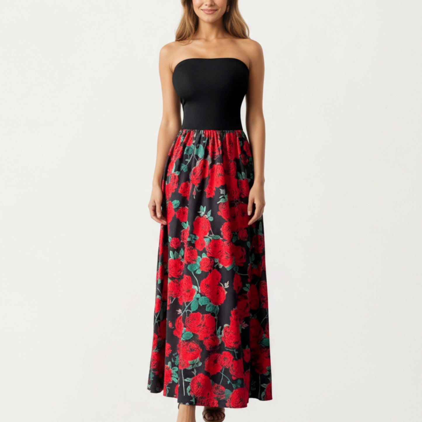 Strapless Maxi Dress with Fitted Bodice and Floral Print Skirt