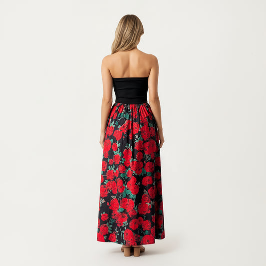 Strapless Maxi Dress with Fitted Bodice and Floral Print Skirt