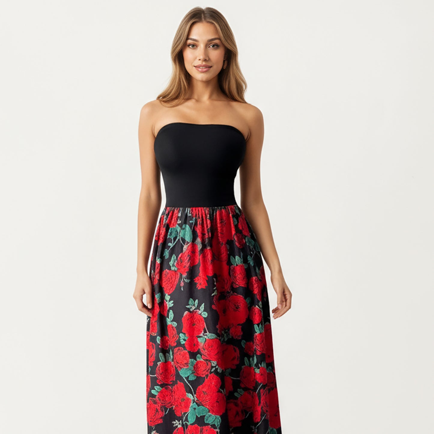Strapless Maxi Dress with Fitted Bodice and Floral Print Skirt