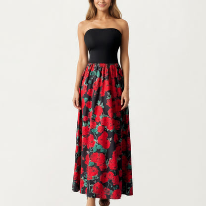 Strapless Maxi Dress with Fitted Bodice and Floral Print Skirt