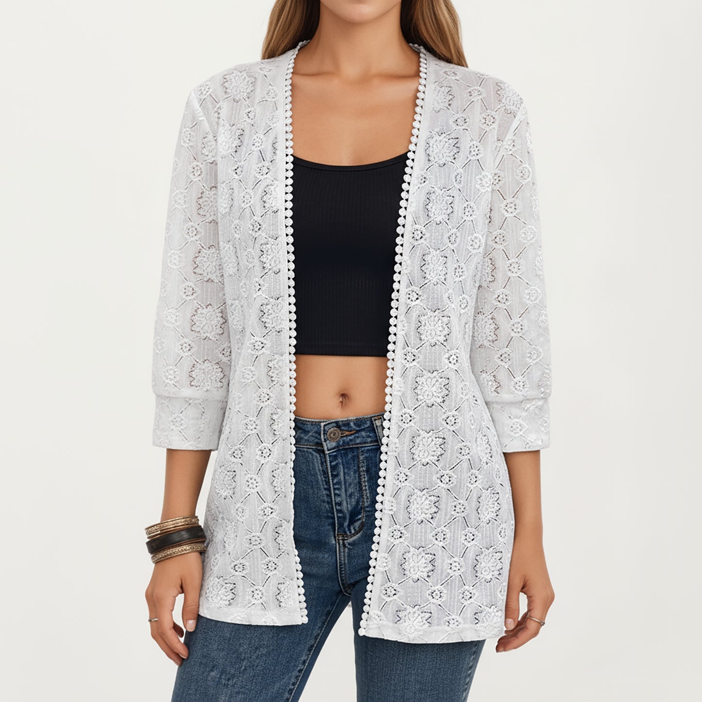 3/4 Sleeve Open Front Lace Kimono Cardigan with Floral Crochet Detailing