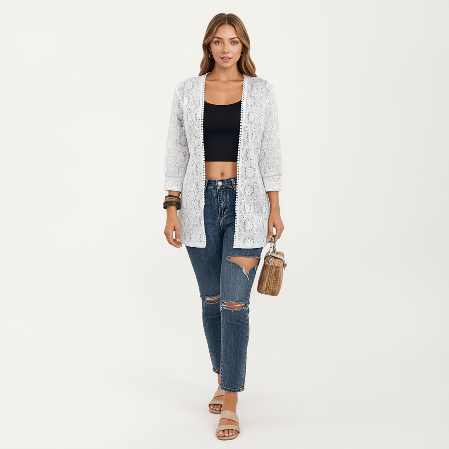 3/4 Sleeve Open Front Lace Kimono Cardigan with Floral Crochet Detailing