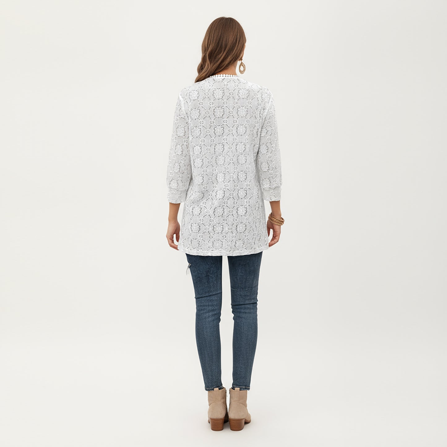 3/4 Sleeve Open Front Lace Kimono Cardigan with Floral Crochet Detailing