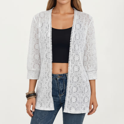 3/4 Sleeve Open Front Lace Kimono Cardigan with Floral Crochet Detailing