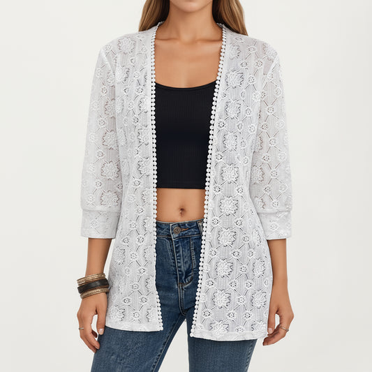 3/4 Sleeve Open Front Lace Kimono Cardigan with Floral Crochet Detailing