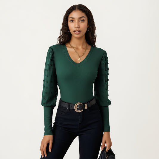 Long Sleeve V-Neck Knit Top with Sheer Textured Balloon Sleeves