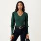 Long Sleeve V-Neck Knit Top with Sheer Textured Balloon Sleeves