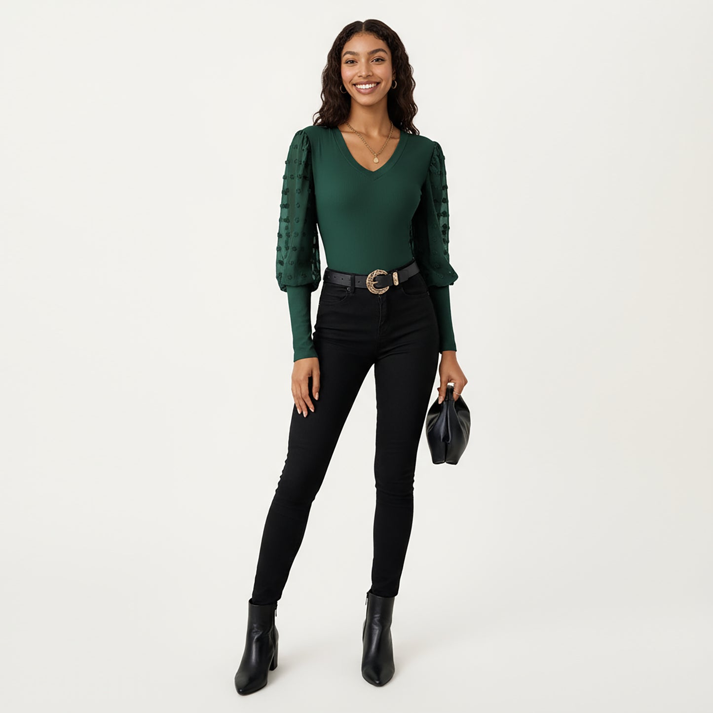 Long Sleeve V-Neck Knit Top with Sheer Textured Balloon Sleeves