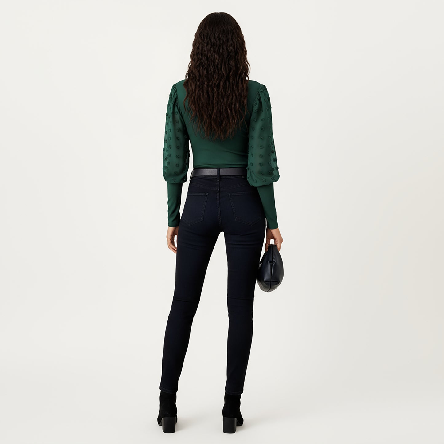 Long Sleeve V-Neck Knit Top with Sheer Textured Balloon Sleeves