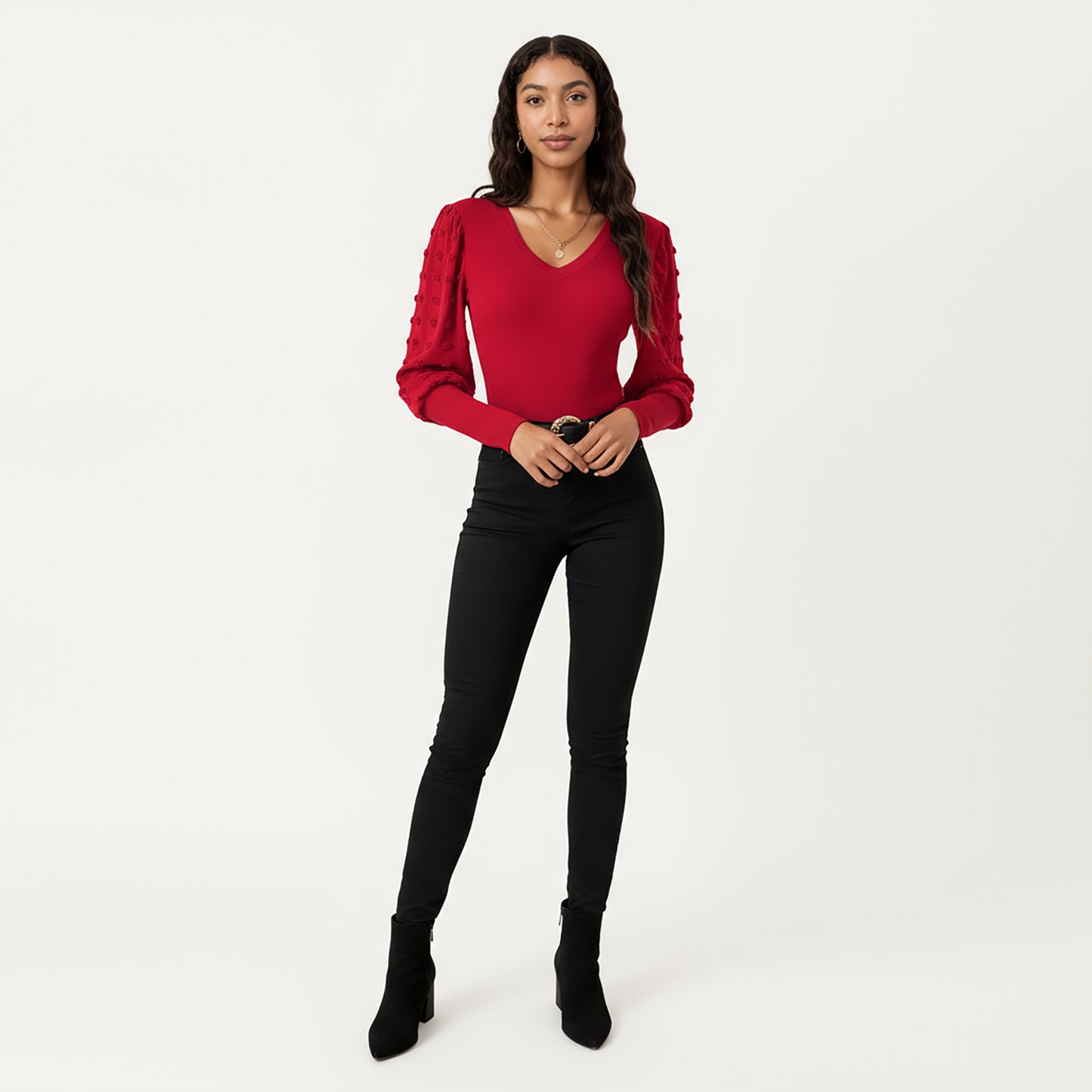 Long Sleeve V-Neck Knit Top with Sheer Textured Balloon Sleeves