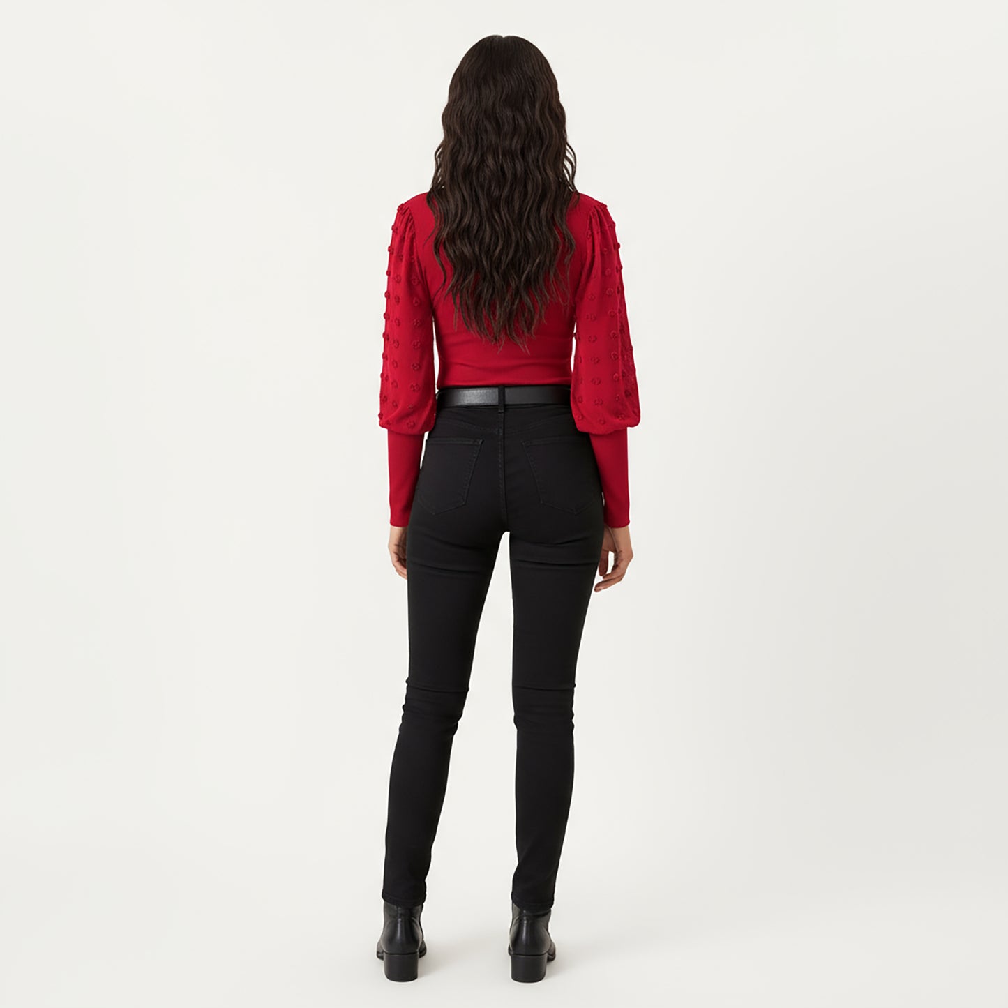 Long Sleeve V-Neck Knit Top with Sheer Textured Balloon Sleeves