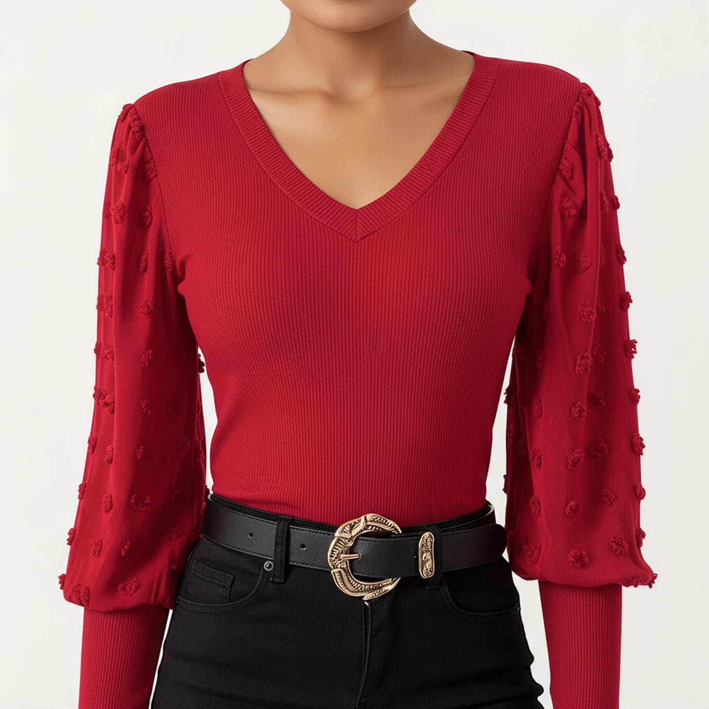 Long Sleeve V-Neck Knit Top with Sheer Textured Balloon Sleeves