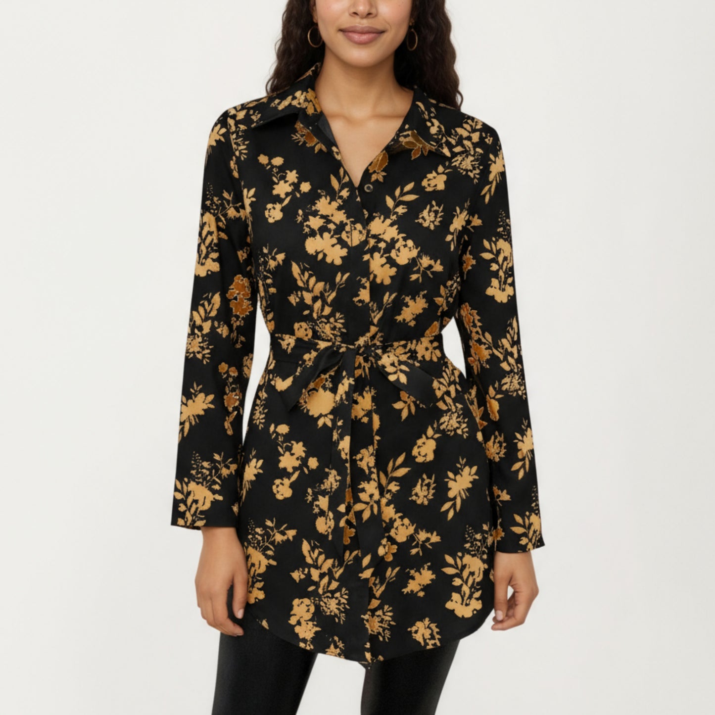 Long Sleeve Button-Down Tunic Shirt with Waist Tie and Floral Print
