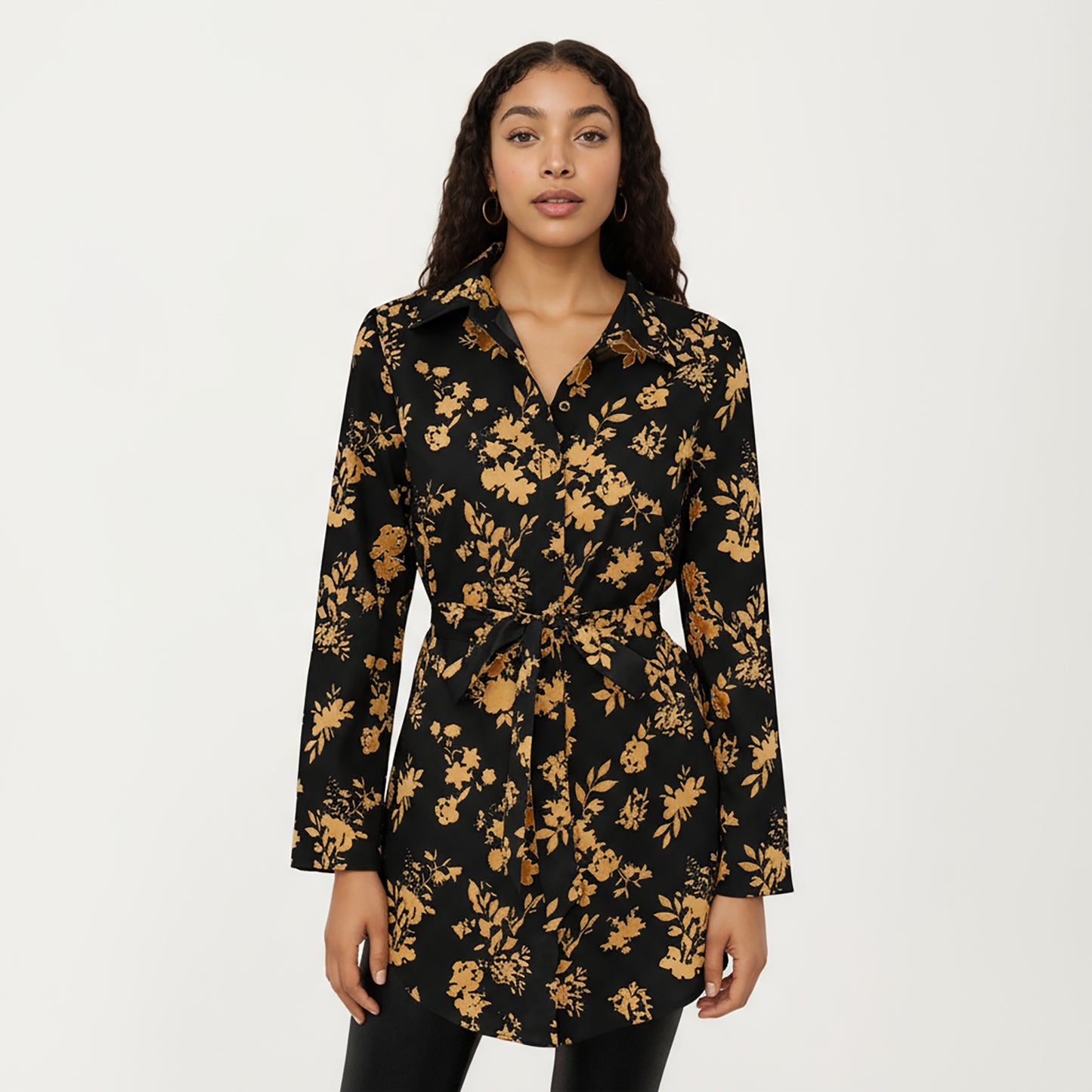 Long Sleeve Button-Down Tunic Shirt with Waist Tie and Floral Print