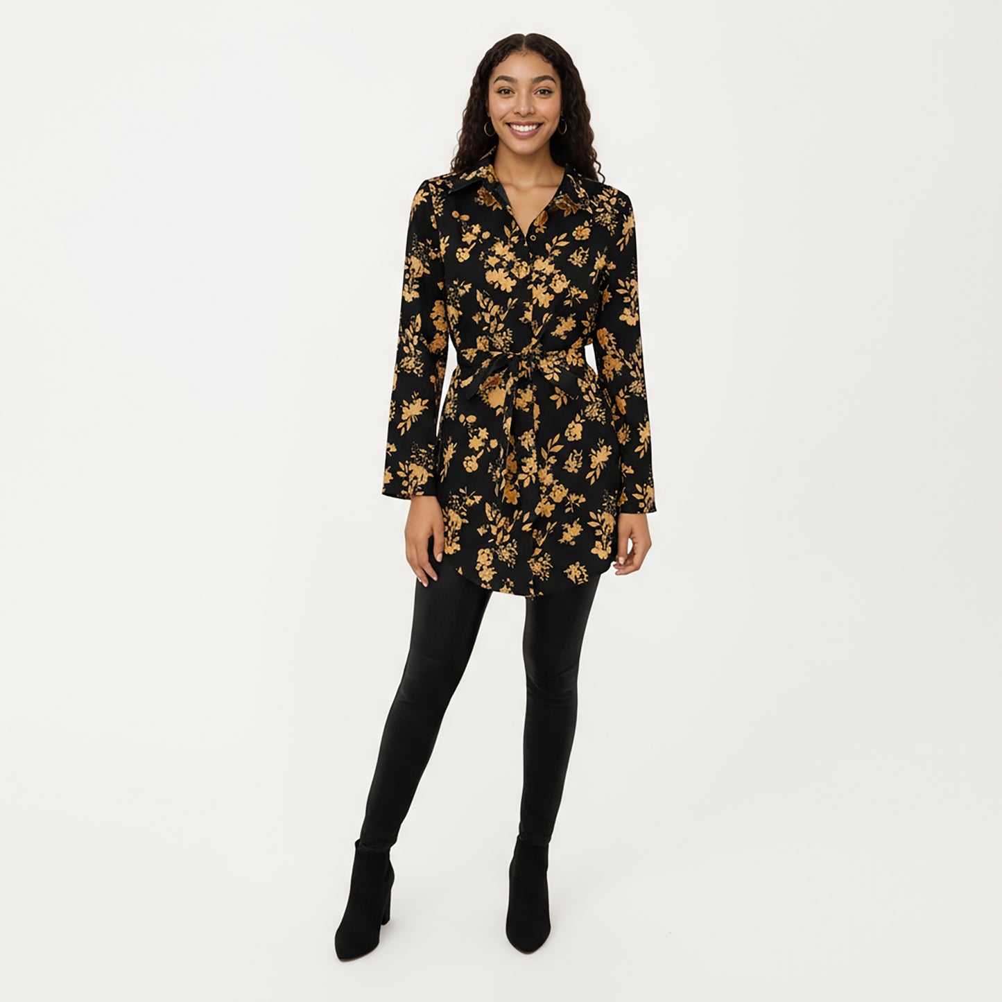 Long Sleeve Button-Down Tunic Shirt with Waist Tie and Floral Print