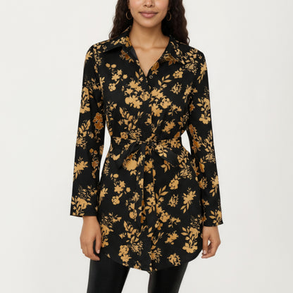 Long Sleeve Button-Down Tunic Shirt with Waist Tie and Floral Print