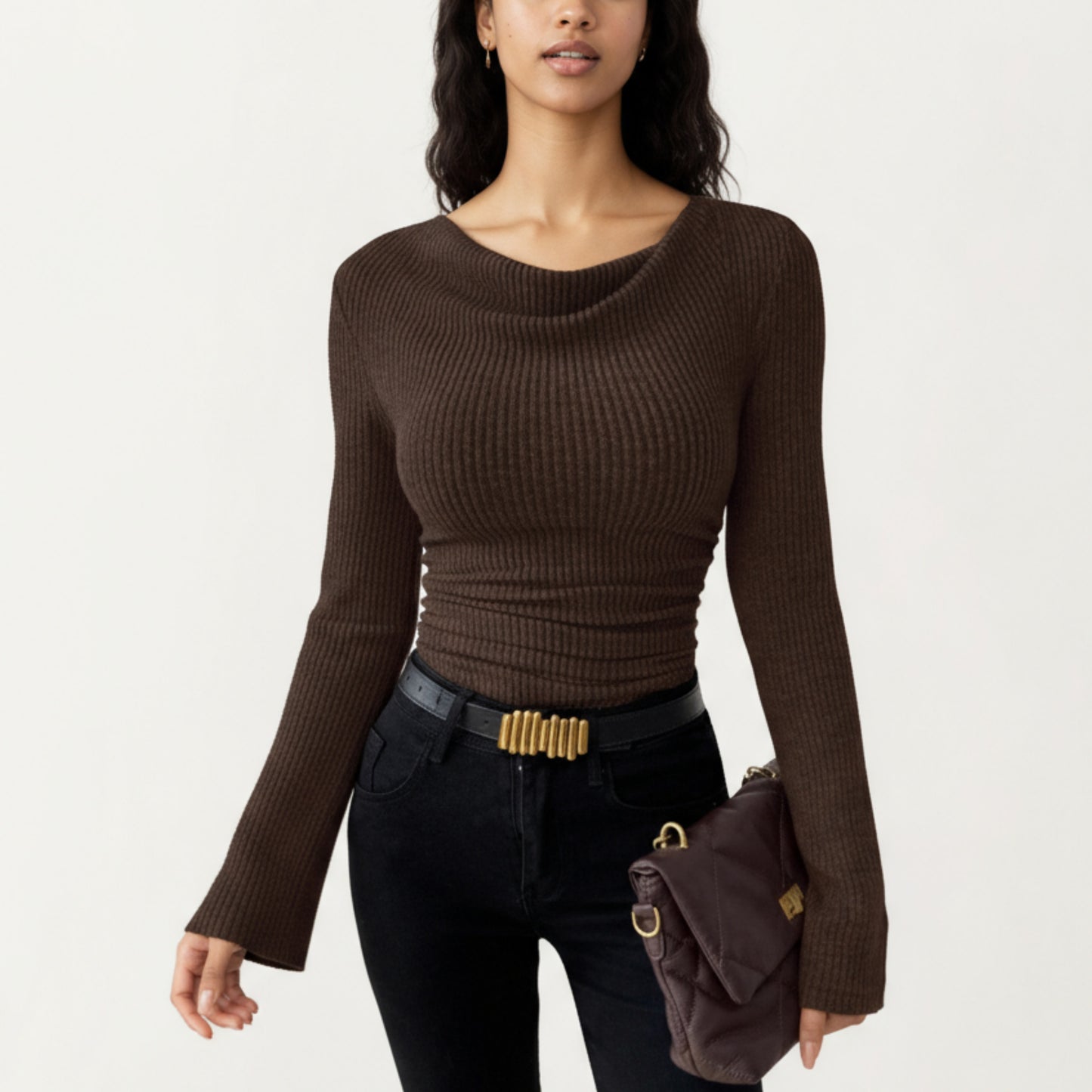 Long Sleeve Ribbed Knit Top with Draped Cowl Neckline