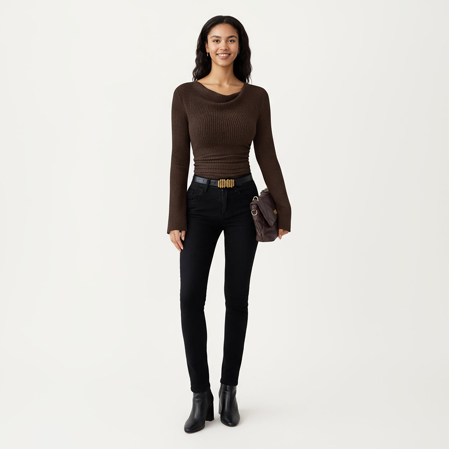 Long Sleeve Ribbed Knit Top with Draped Cowl Neckline