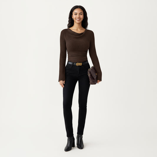 Long Sleeve Ribbed Knit Top with Draped Cowl Neckline