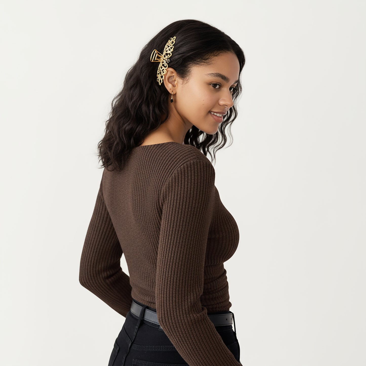 Long Sleeve Ribbed Knit Top with Draped Cowl Neckline