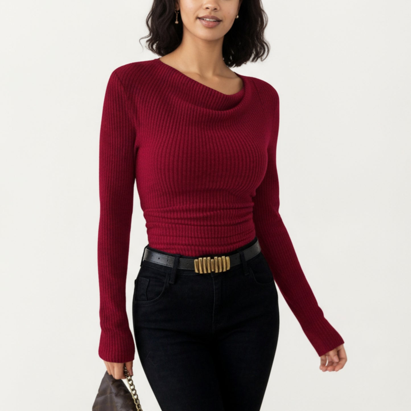 Long Sleeve Ribbed Knit Top with Draped Cowl Neckline