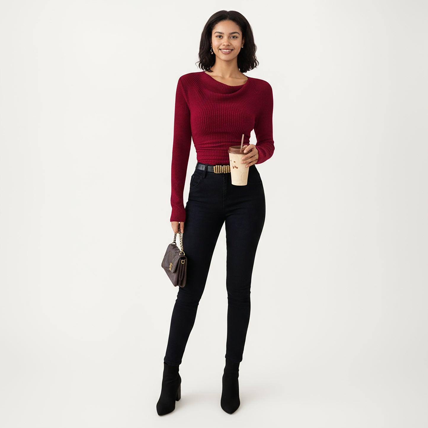 Long Sleeve Ribbed Knit Top with Draped Cowl Neckline