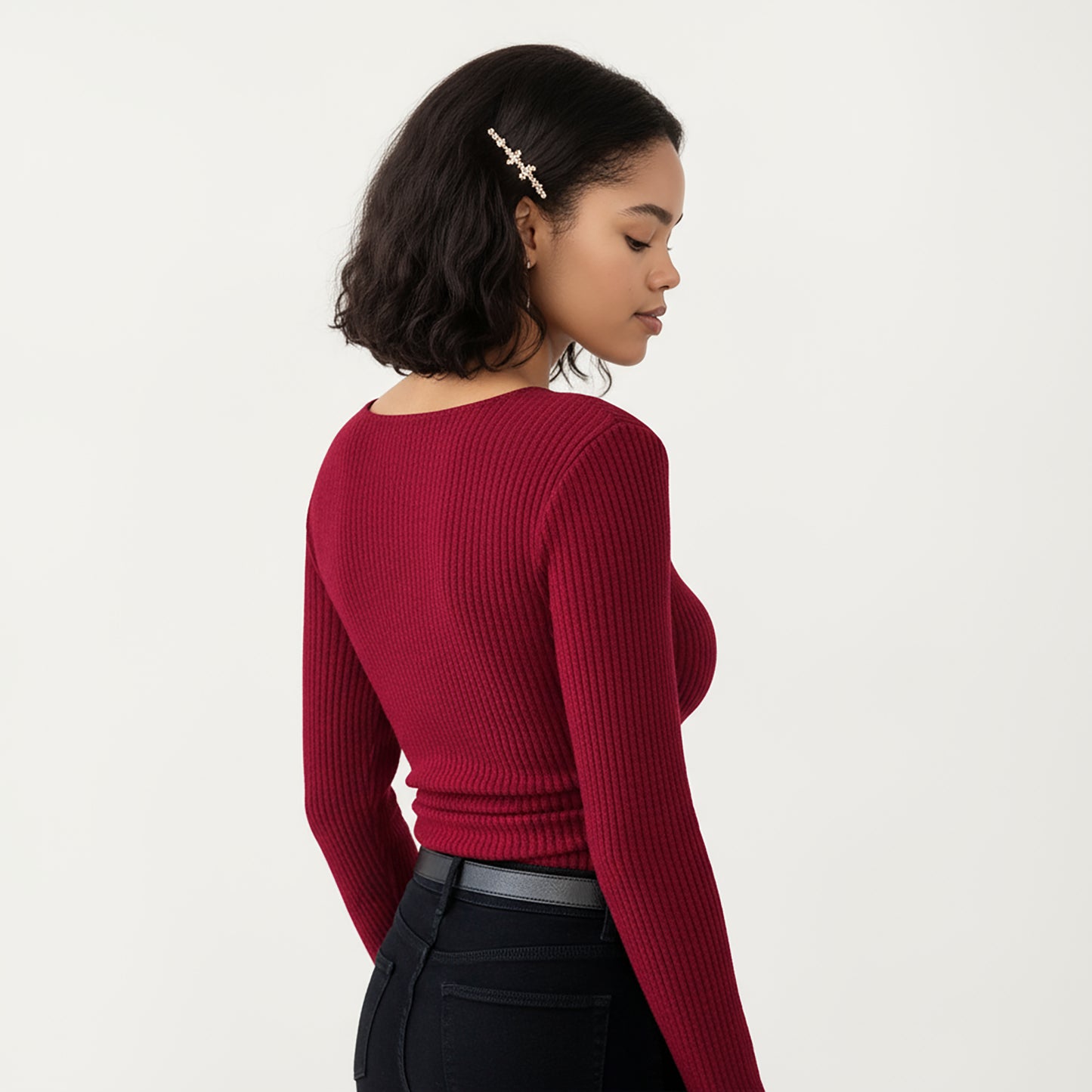 Long Sleeve Ribbed Knit Top with Draped Cowl Neckline