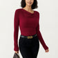 Long Sleeve Ribbed Knit Top with Draped Cowl Neckline