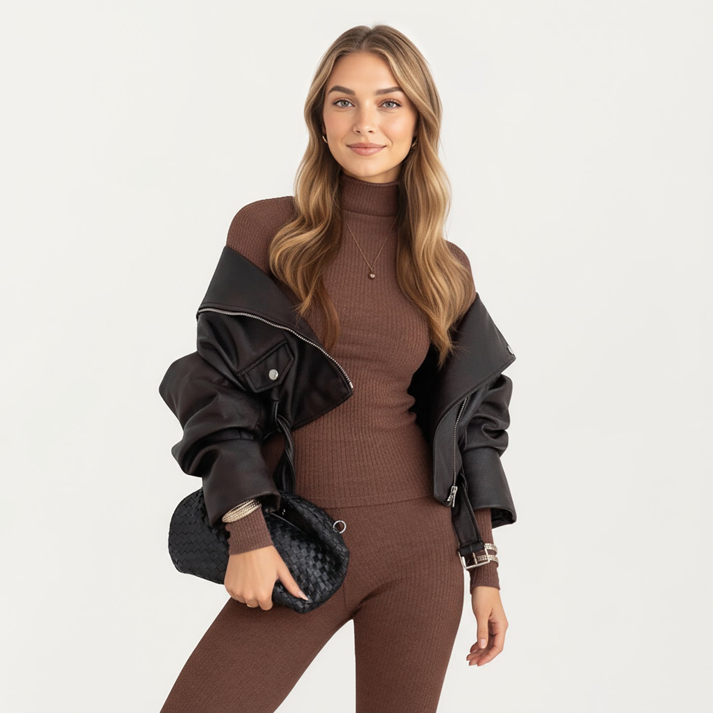 2-Piece Set Ribbed Knit Turtleneck Top and Slim Fit Pants