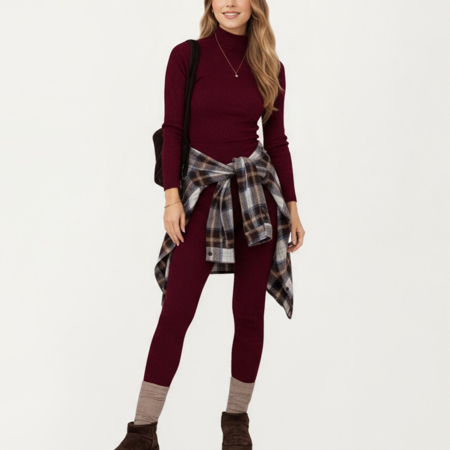 2-Piece Set Ribbed Knit Turtleneck Top and Slim Fit Pants