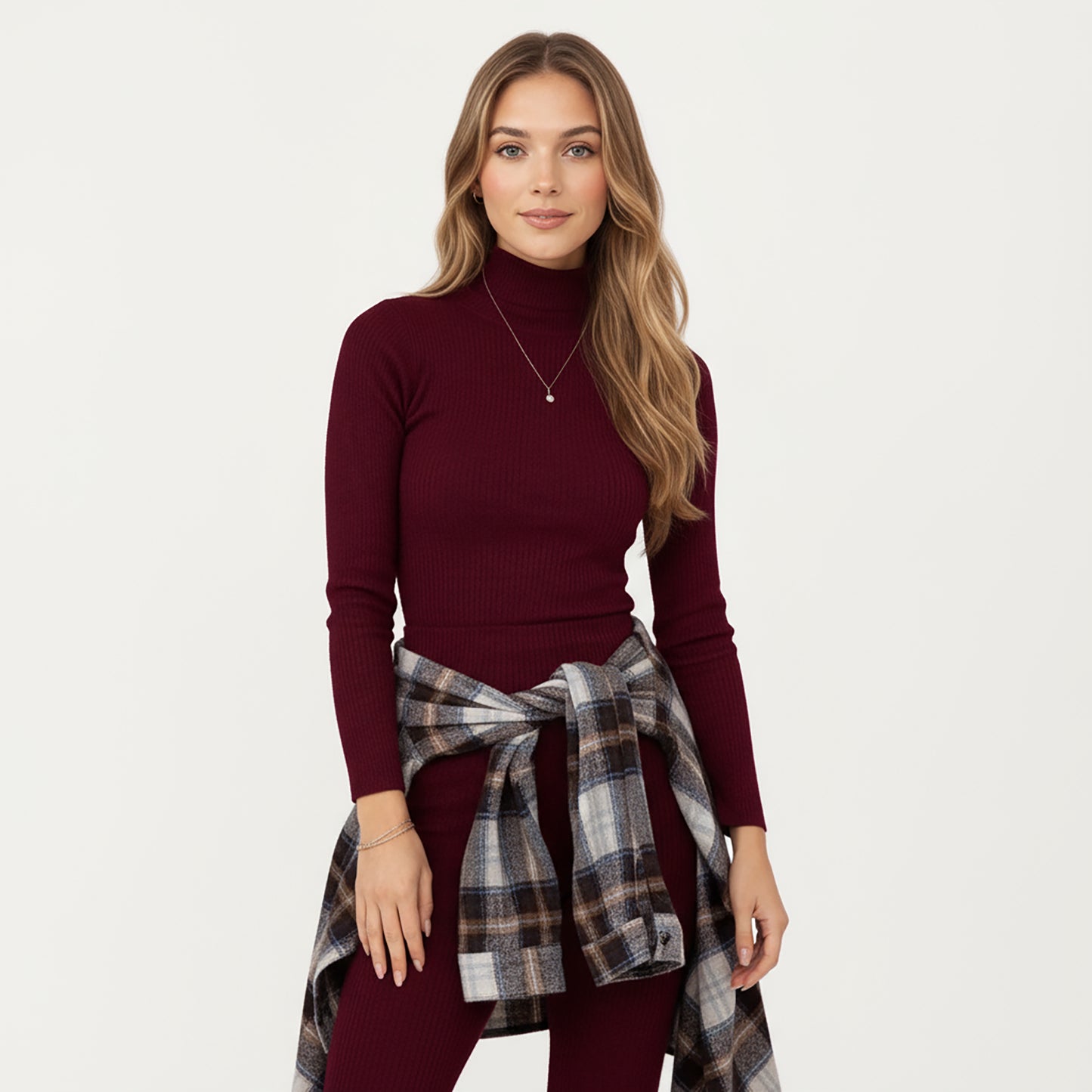 2-Piece Set Ribbed Knit Turtleneck Top and Slim Fit Pants