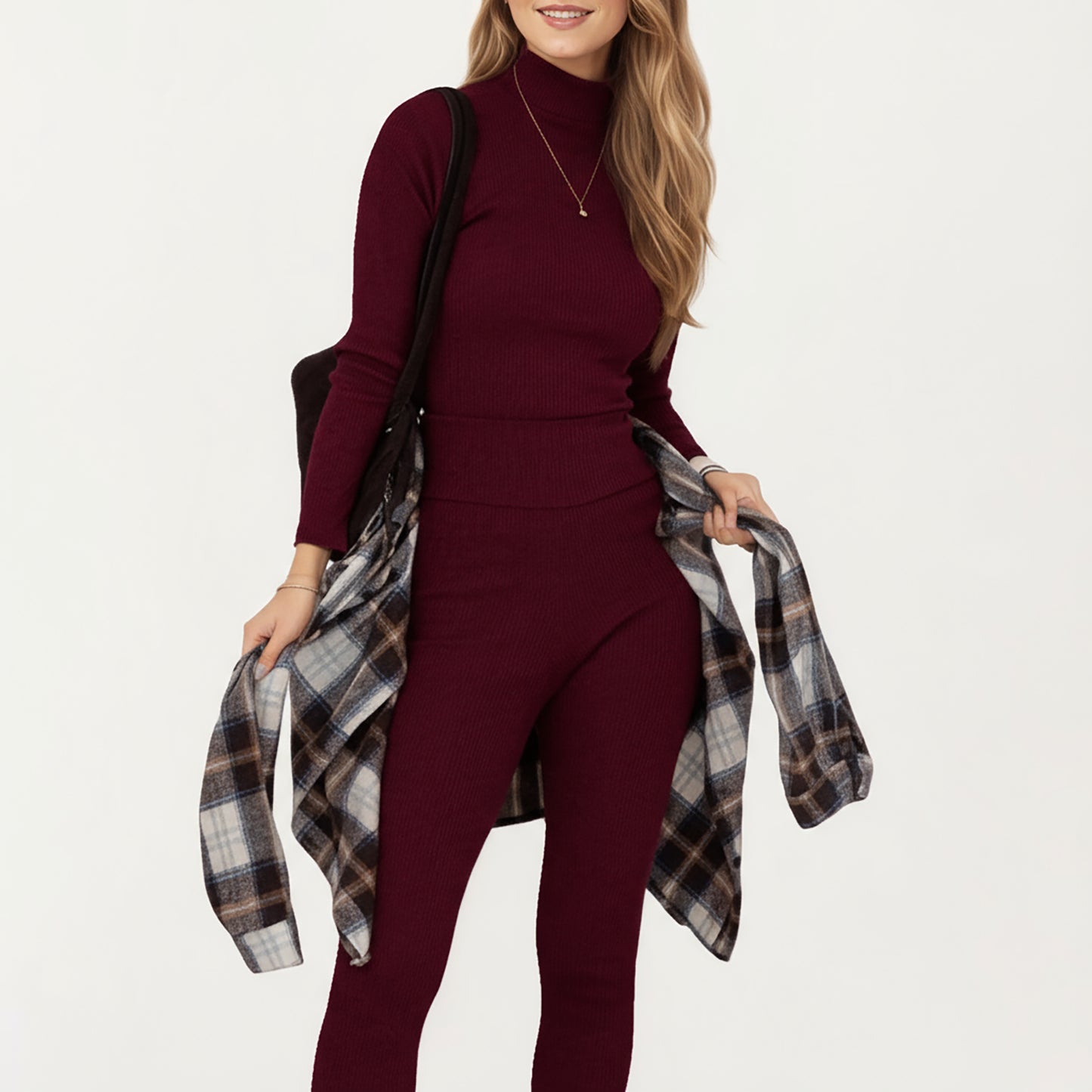 2-Piece Set Ribbed Knit Turtleneck Top and Slim Fit Pants