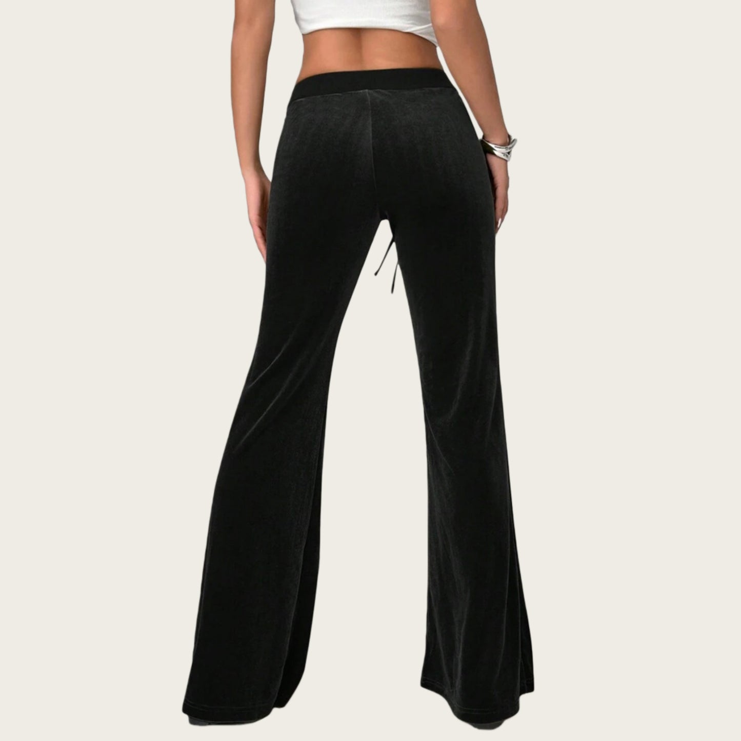 Drawstring Waist Flare Leg Pants with Front Pockets and Soft Velvety Finish