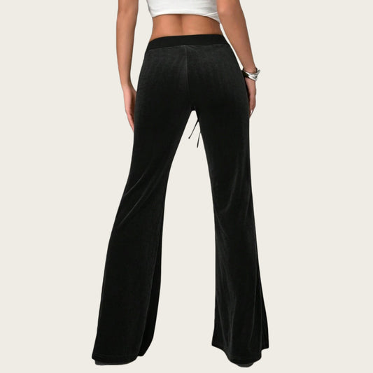 Drawstring Waist Flare Leg Pants with Front Pockets and Soft Velvety Finish