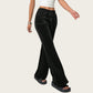 Drawstring Waist Flare Leg Pants with Front Pockets and Soft Velvety Finish