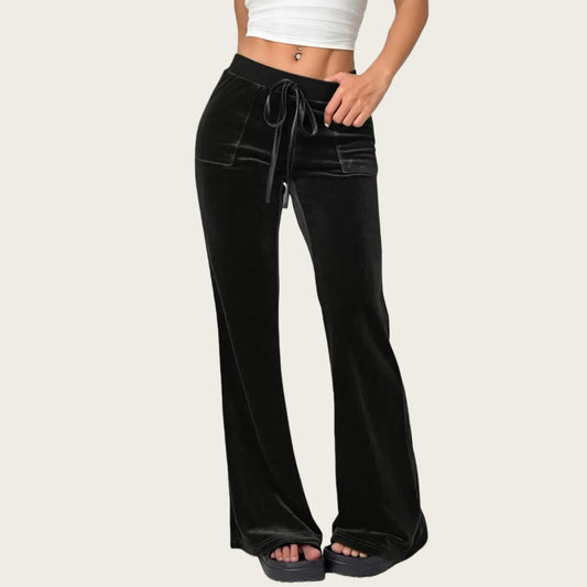 Drawstring Waist Flare Leg Pants with Front Pockets and Soft Velvety Finish