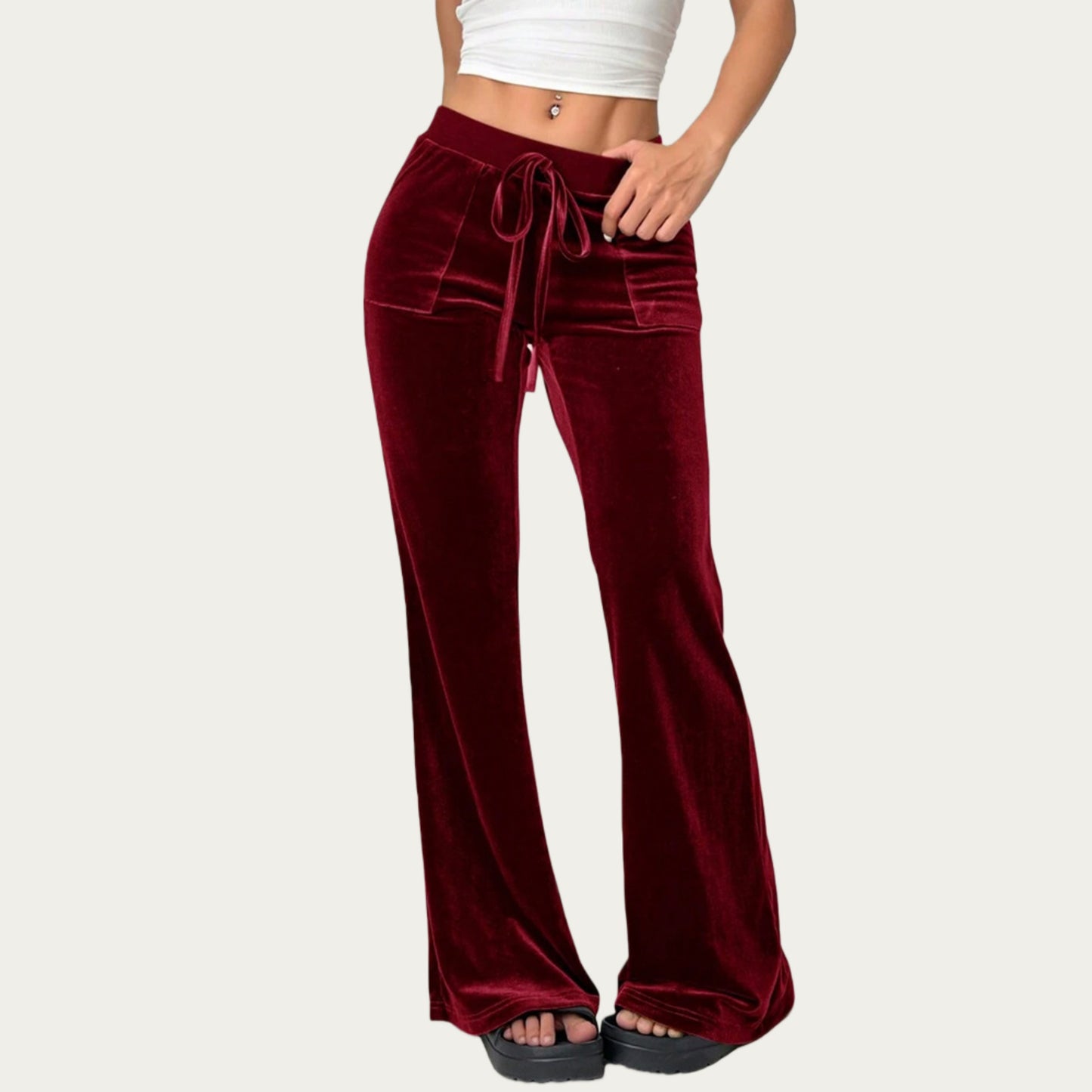 Drawstring Waist Flare Leg Pants with Front Pockets and Soft Velvety Finish