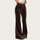 Drawstring Waist Flare Leg Pants with Front Pockets and Soft Velvety Finish