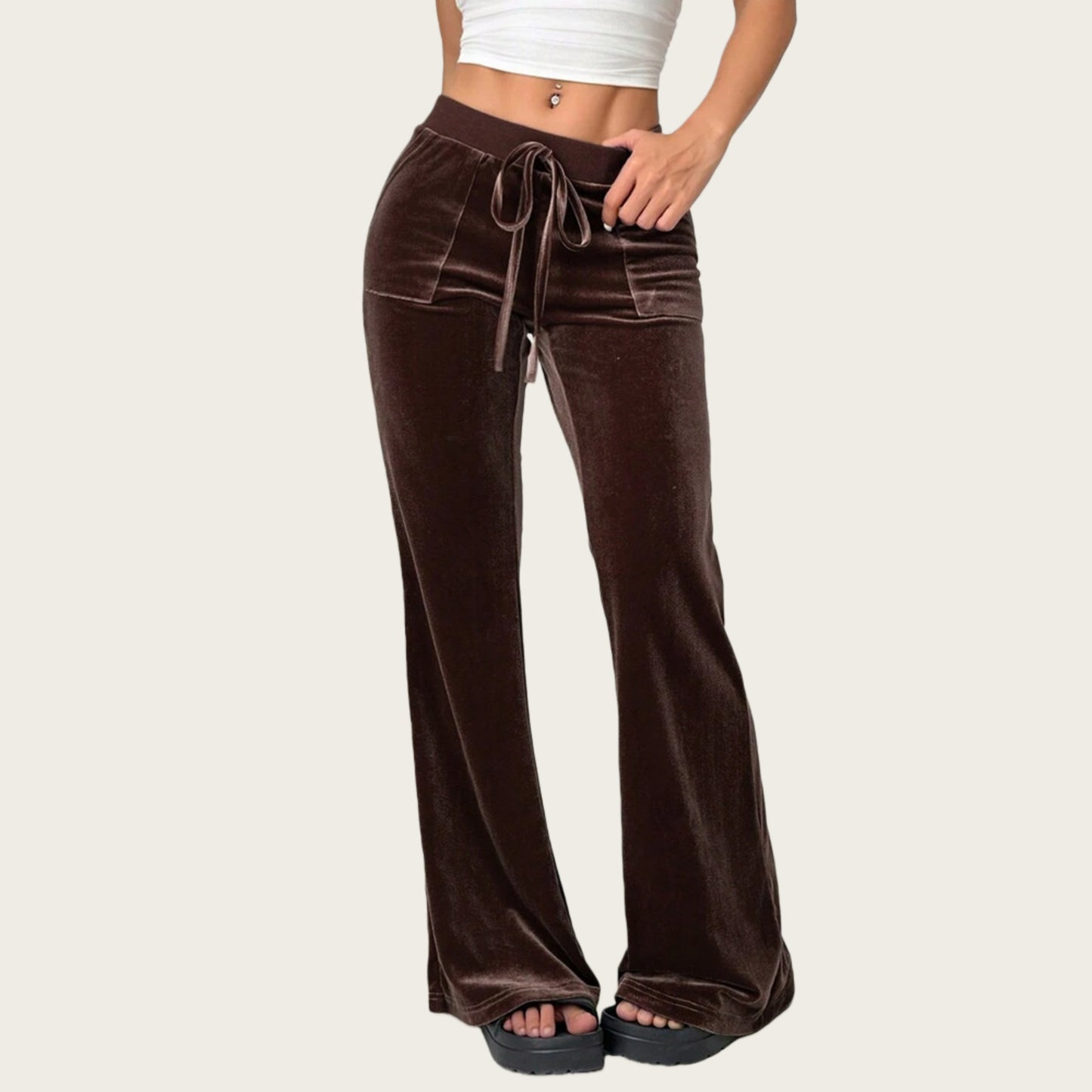 Drawstring Waist Flare Leg Pants with Front Pockets and Soft Velvety Finish