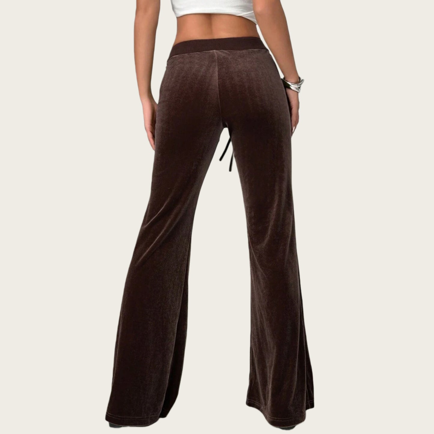 Drawstring Waist Flare Leg Pants with Front Pockets and Soft Velvety Finish