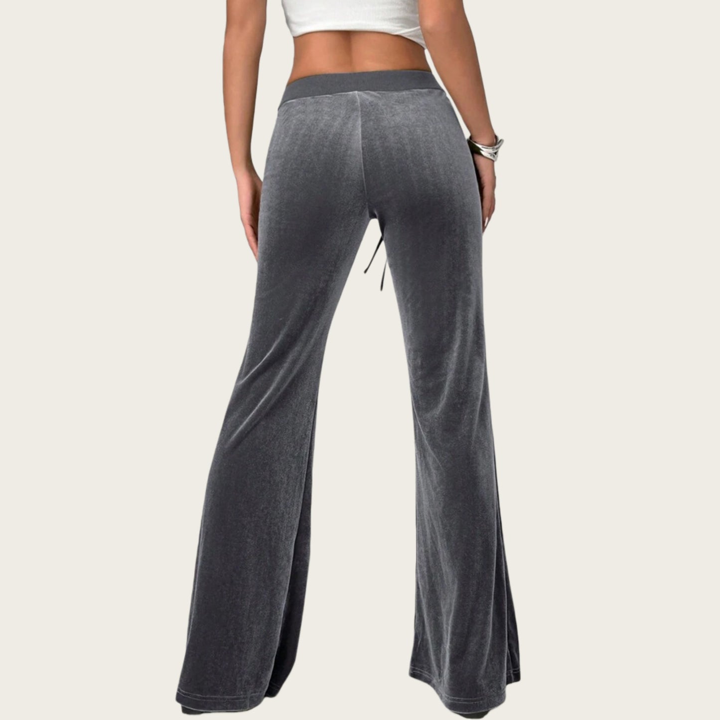 Drawstring Waist Flare Leg Pants with Front Pockets and Soft Velvety Finish