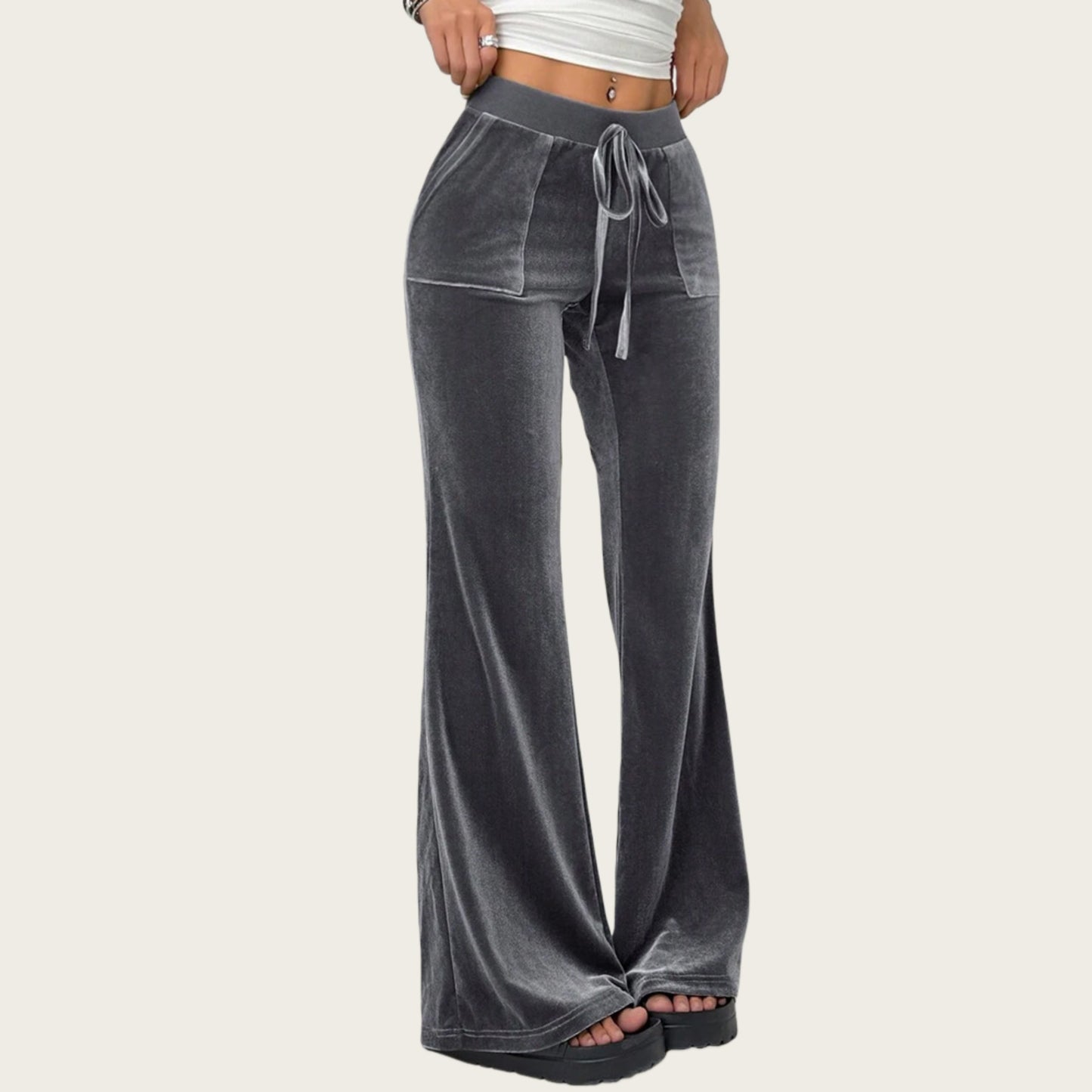 Drawstring Waist Flare Leg Pants with Front Pockets and Soft Velvety Finish