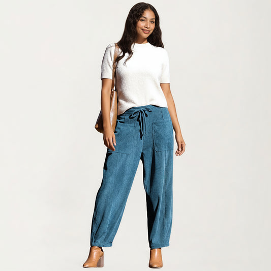 Drawstring High Waist Relaxed Fit Pants with Front Patch Pockets