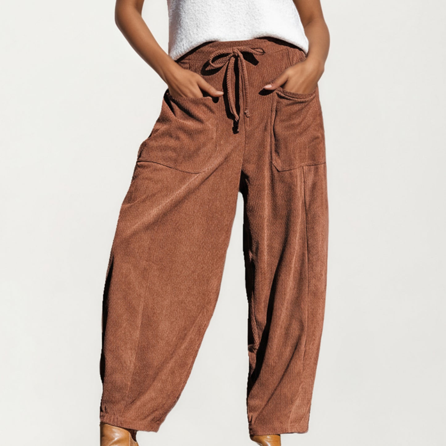 Drawstring High Waist Relaxed Fit Pants with Front Patch Pockets