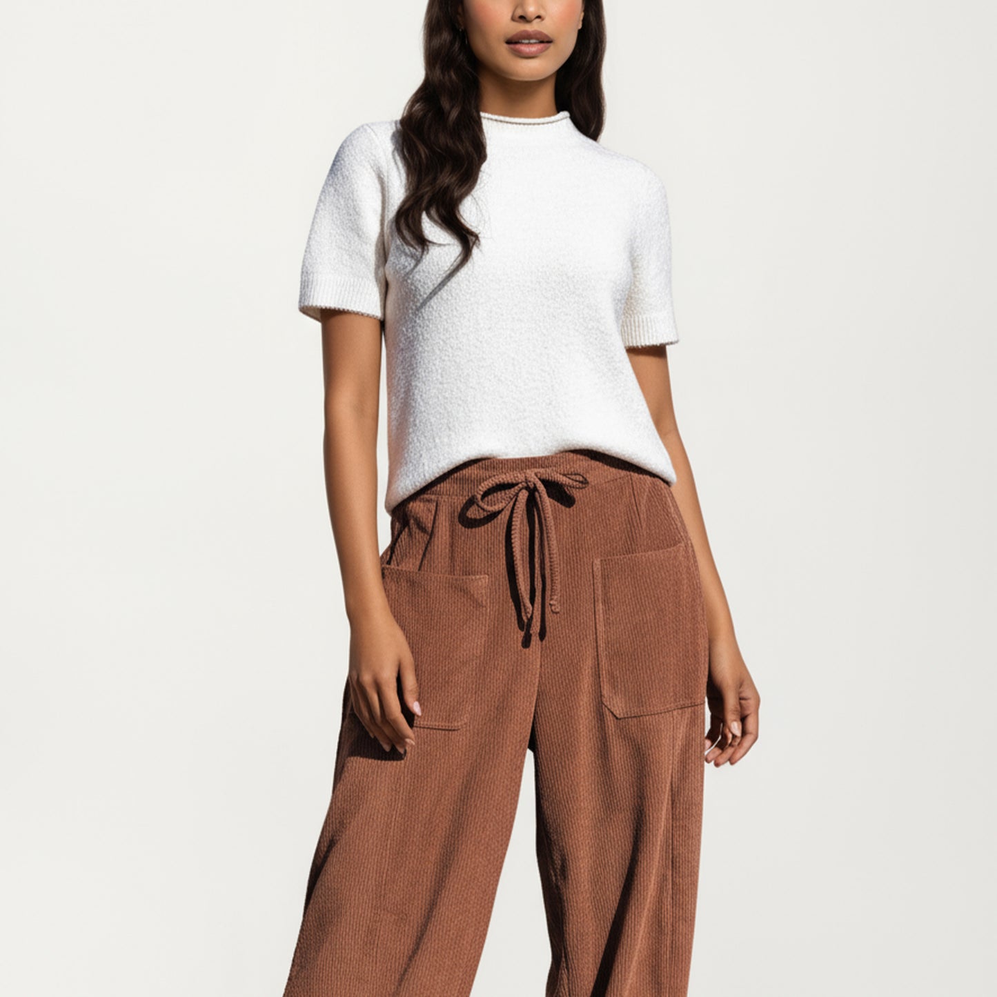 Drawstring High Waist Relaxed Fit Pants with Front Patch Pockets