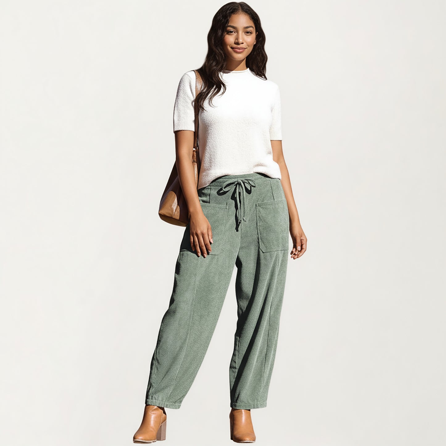 Drawstring High Waist Relaxed Fit Pants with Front Patch Pockets